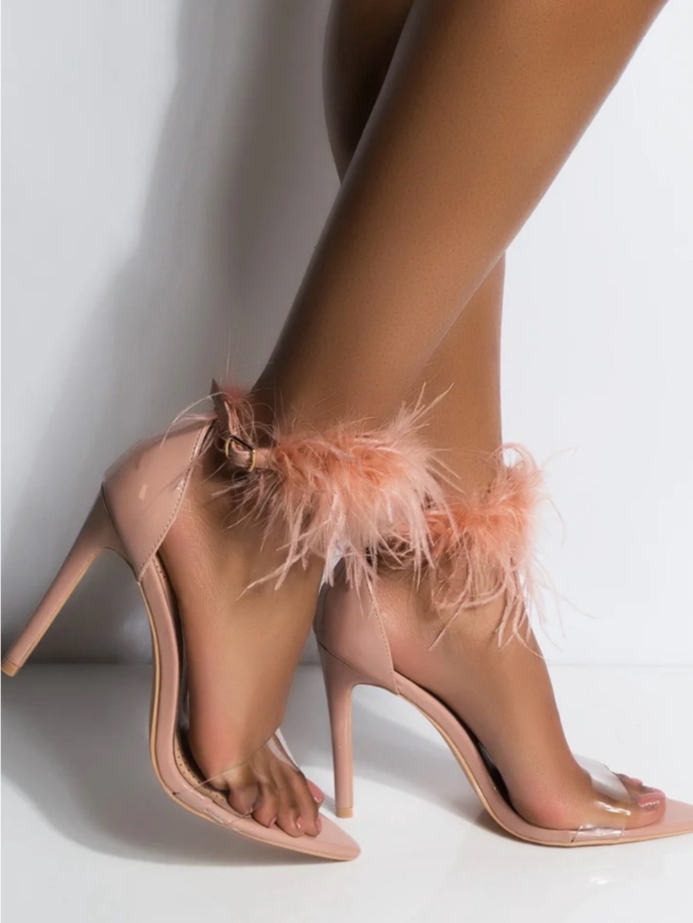Azalea Wang  Nude Feather Ankle-Strap Stiletto Heels